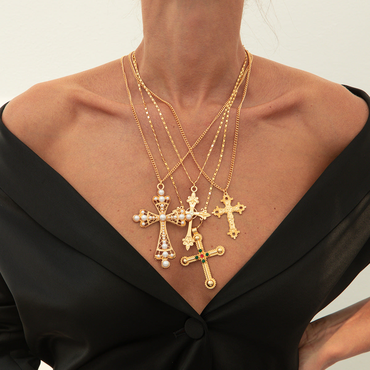 Wholesale Exaggerated multi-layered hip-hop cross necklace stacked with imitation pearls